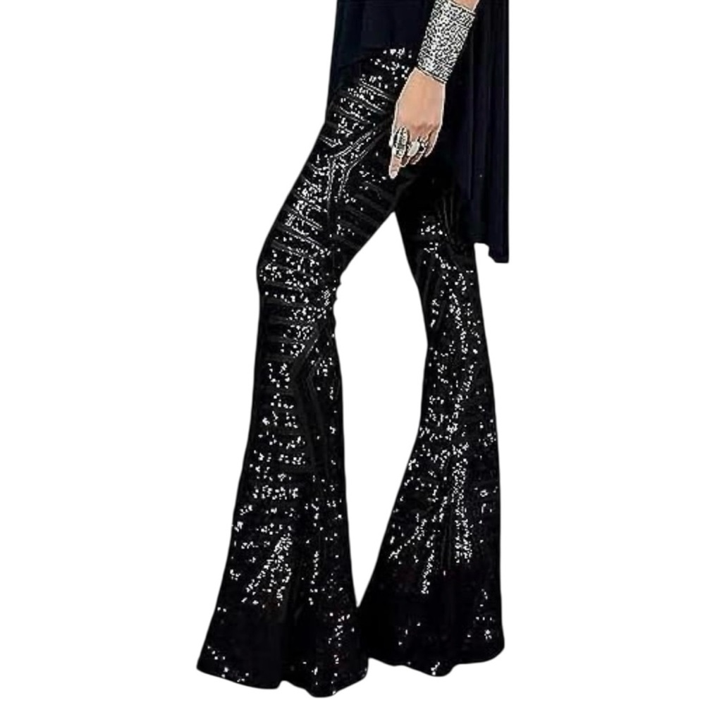 UOIGHF Black Sequin Pattern‎ High Waisted Flare Wide Leg Pants